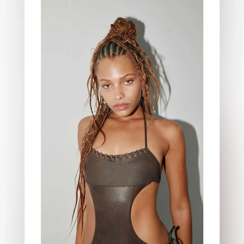 Frankie’s Bikinis - CELESTE LEATHER LOOK MONOKINI - SMALL- COCOA